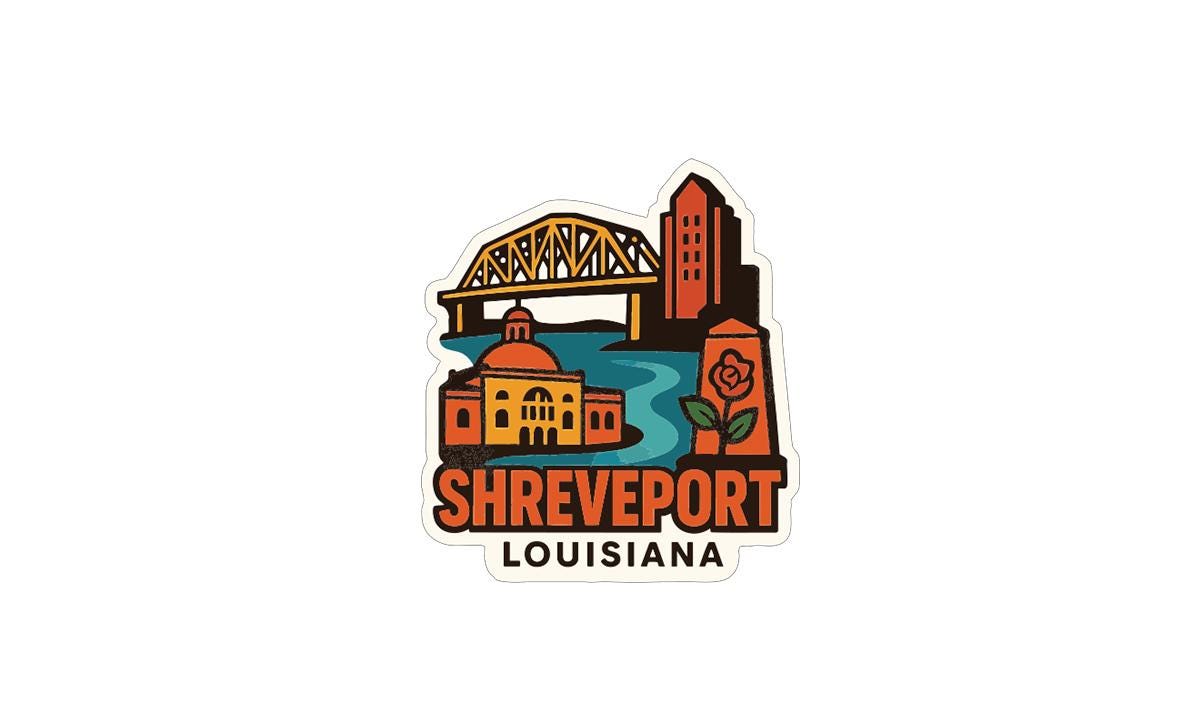 Sticker with a bridge, buildings, and a rose, representing the Shreveport, Louisiana area.