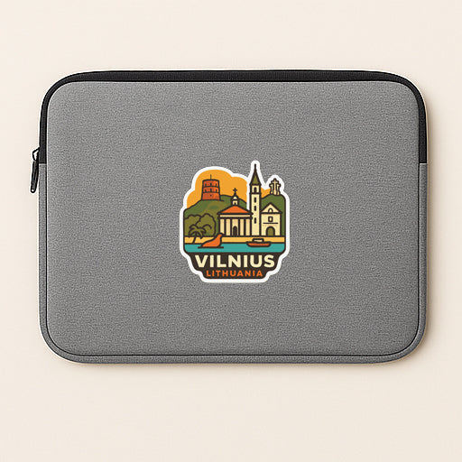 A gray laptop sleeve with a sticker depicting the cityscape of Vilnius, Lithuania.
