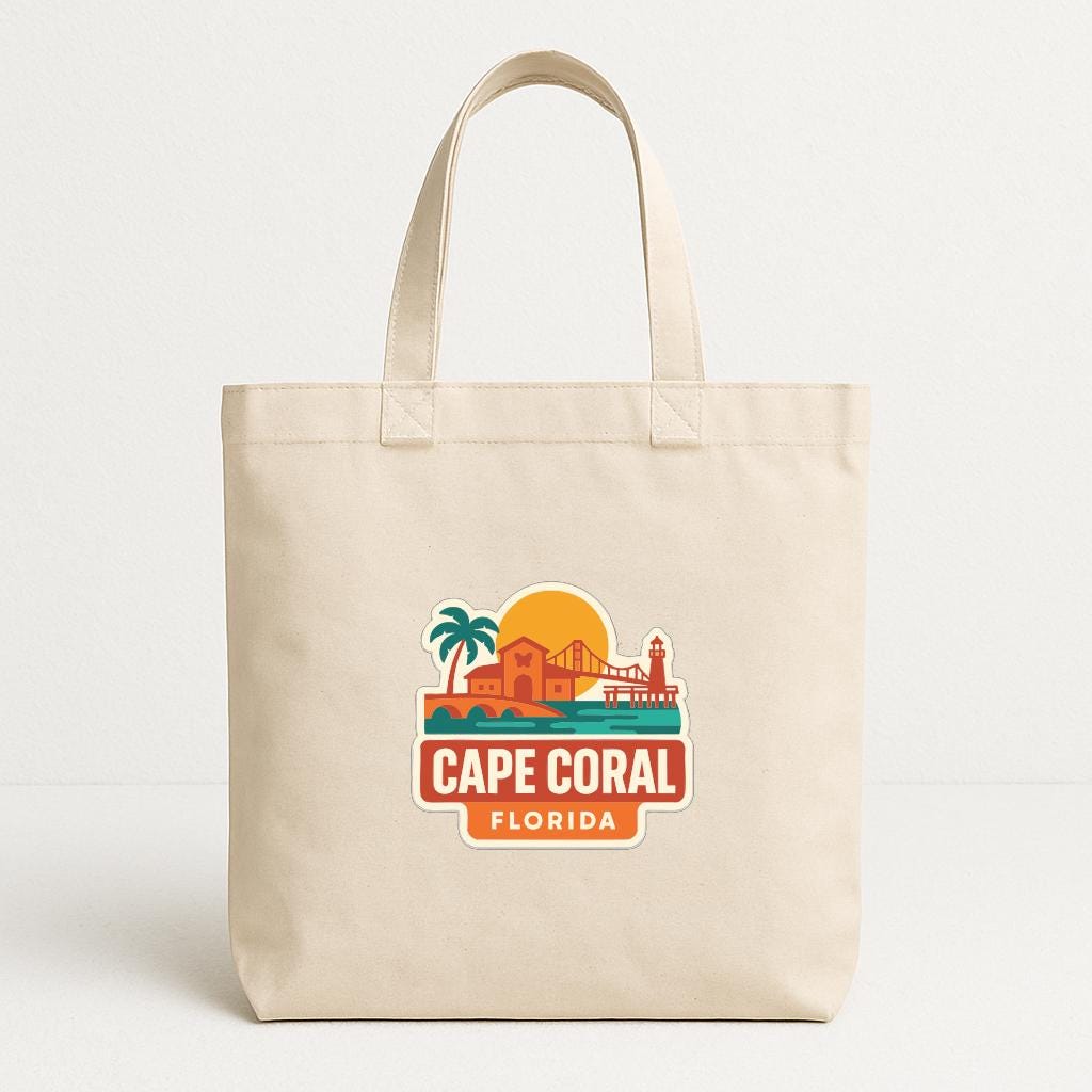 A beige tote bag with a printed design depicting the city of Cape Coral, Florida.
