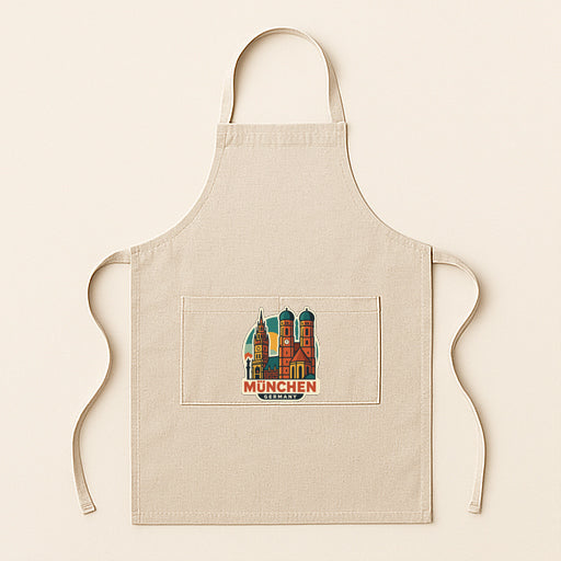 A beige apricot with a graphic of a city skyline and the word "München" printed on it.