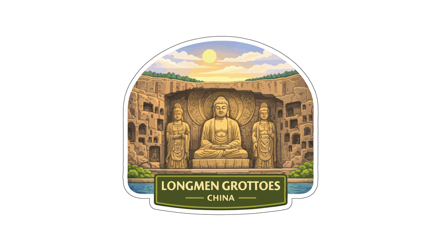 a sticker or label with a scenic landscape and three Buddha statues. The landscape includes a mountain, a river, and a sunset. The Buddha statues are located in a cave-like structure. The sticker or label is for Longmen Grottoes, a famous landmark in China.