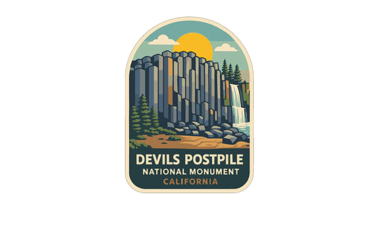 a stylized illustration of the Devils Postpile National Monument in California, with a waterfall and a sun in the background.