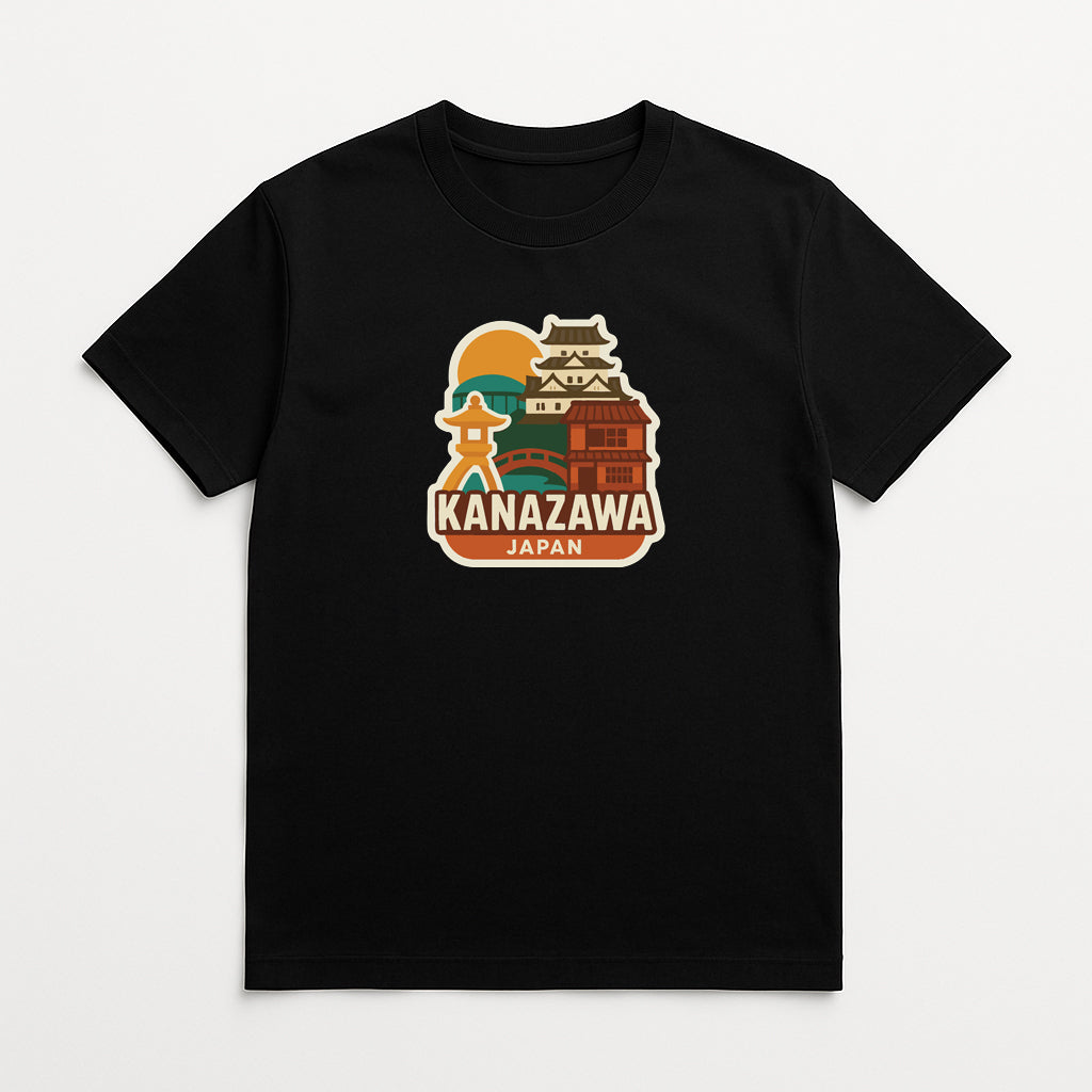 A black t-shirt with a graphic design featuring a temple and the text "KANAZAWA JAPAN" printed on it.
