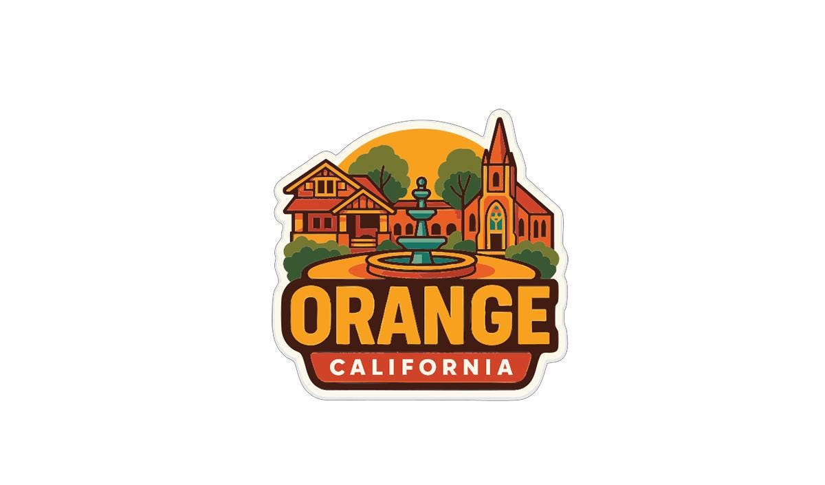A sticker depicting a scenic view of Orange, California, with a church, houses, and a fountain in the foreground.