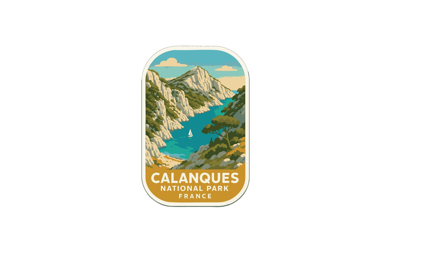 a sticker or emblem with a scenic landscape depicting a mountain range, a river, and a sailboat.