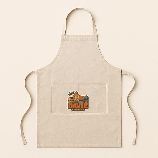 A beige apricot with a graphic design on the front pocket, featuring a house and palm trees.