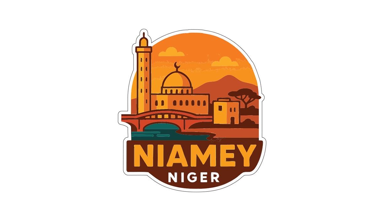 a stylized illustration of a cityscape with a mosque, a bridge, and mountains in the background. The text "NIAEMEY NIGER" is prominently displayed in the center of the image.
