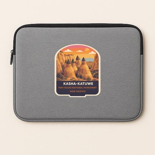 A gray laptop sleeve with a sticker depicting the Kasha-Katuwe Tent Rocks National Monument in New Mexico.