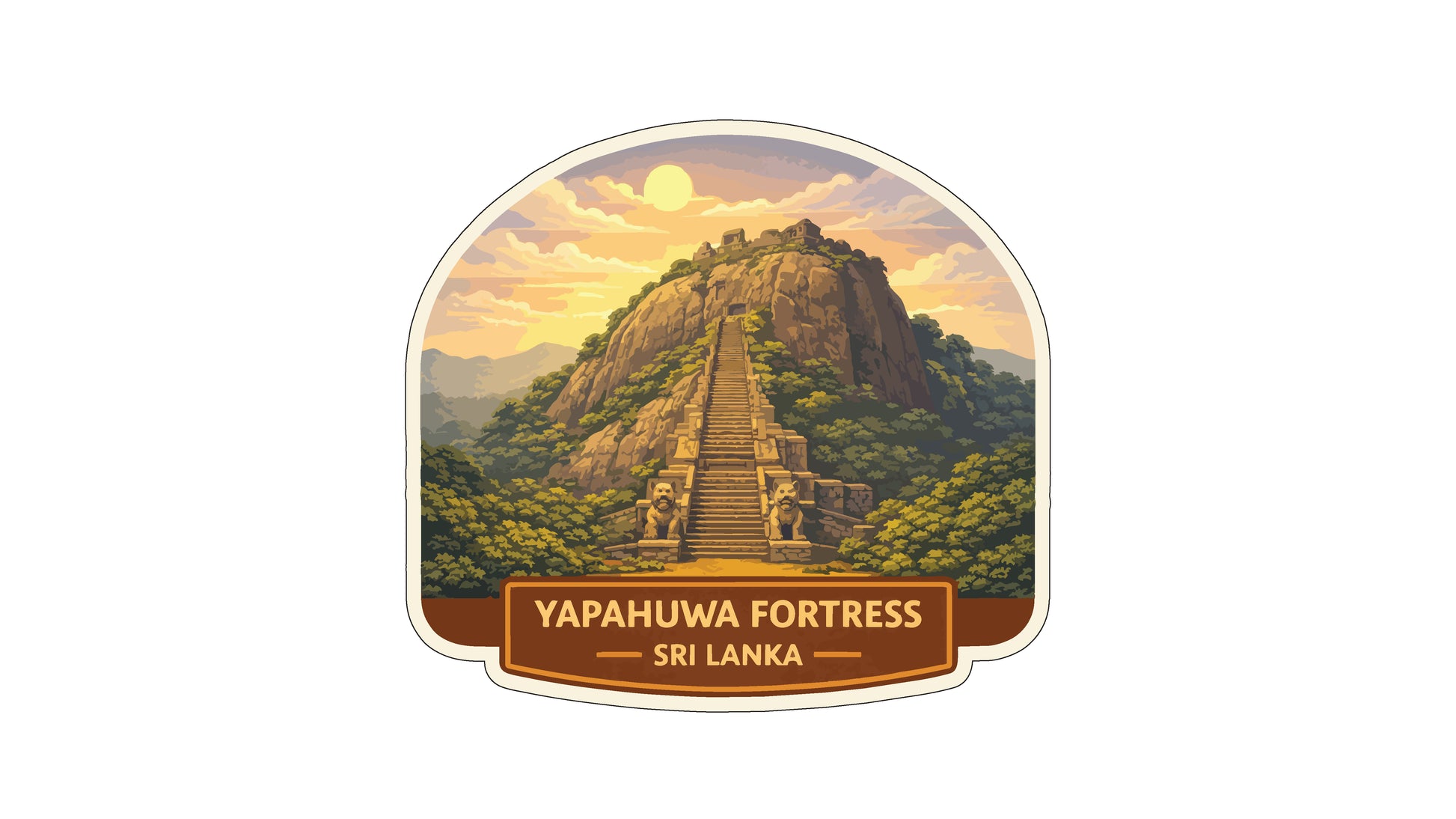 a scenic view of the Yapahua Fortress in Sri Lanka, with a staircase leading up to the top of the fortress against a backdrop of a mountainous landscape and a bright, colorful sky.