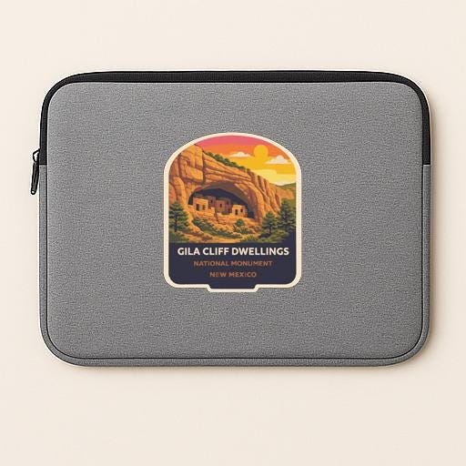A gray laptop sleeve with a graphic design depicting the Gila Cliff Dwellings National Monument in New Mexico.