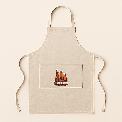 A beige apricot with a Birmingham cityscape design on the front pocket.