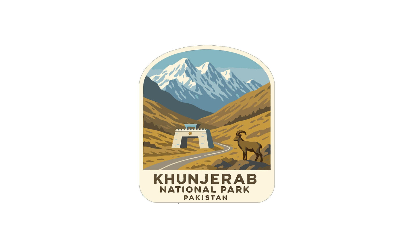 a logo for Khunjerab National Park in Pakistan, depicting a mountain landscape with a goat standing on a rocky outcropping.