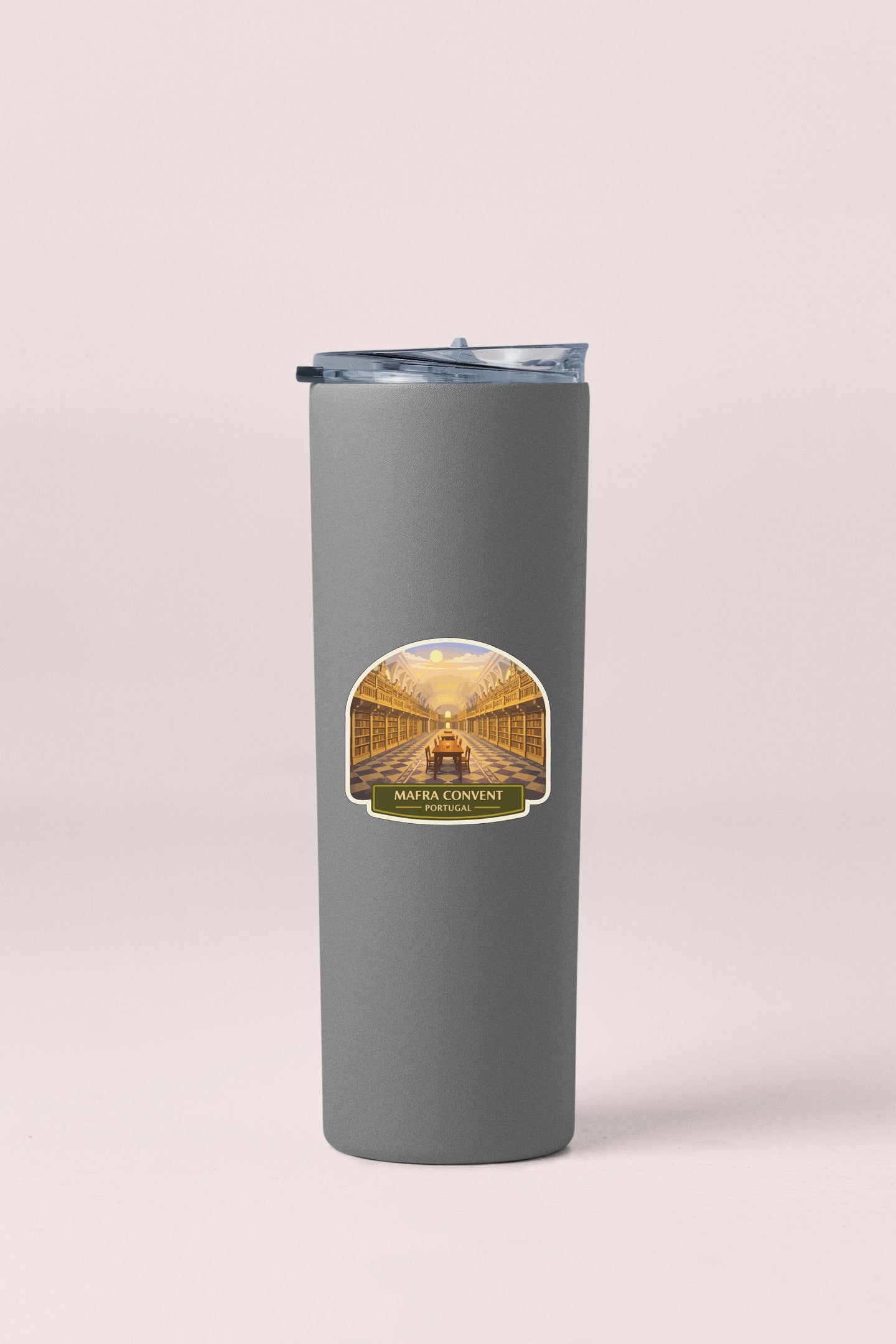 A gray cylindrical container with a lid and a label featuring an image of a building with a staircase.