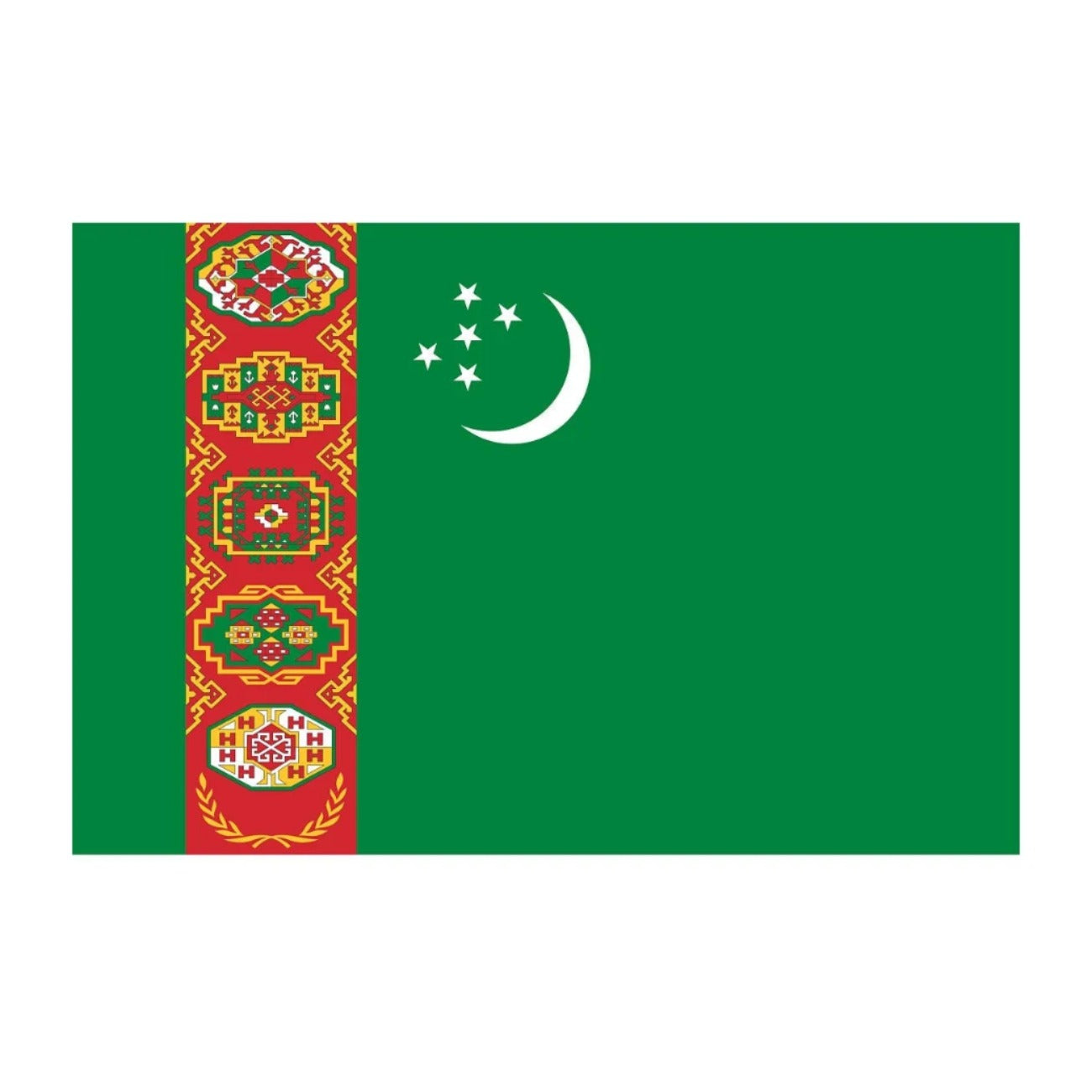 The image is a flag of Turkmenistan, featuring a green background with a white crescent moon and five white stars above it. The flag has a red and gold border with intricate patterns and designs.