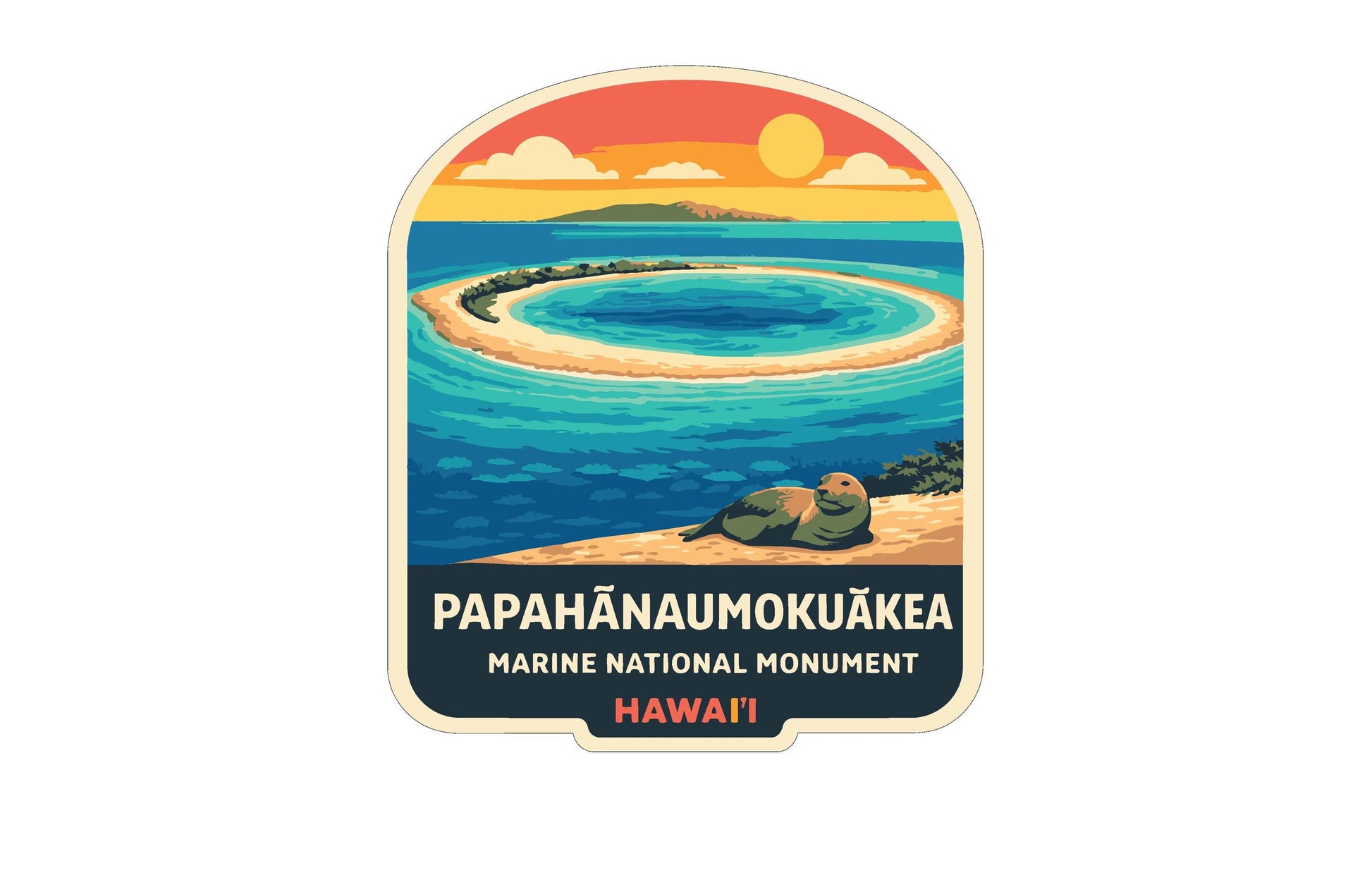 A sticker depicting a serene tropical island scene with a calm ocean, a sandy beach, and a seal resting on the shore.