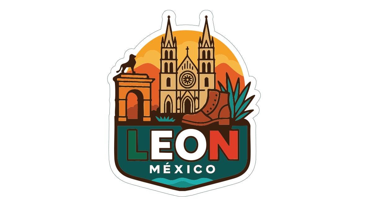 A colorful sticker or emblem featuring the landmarks and symbols of Leon, Mexico.