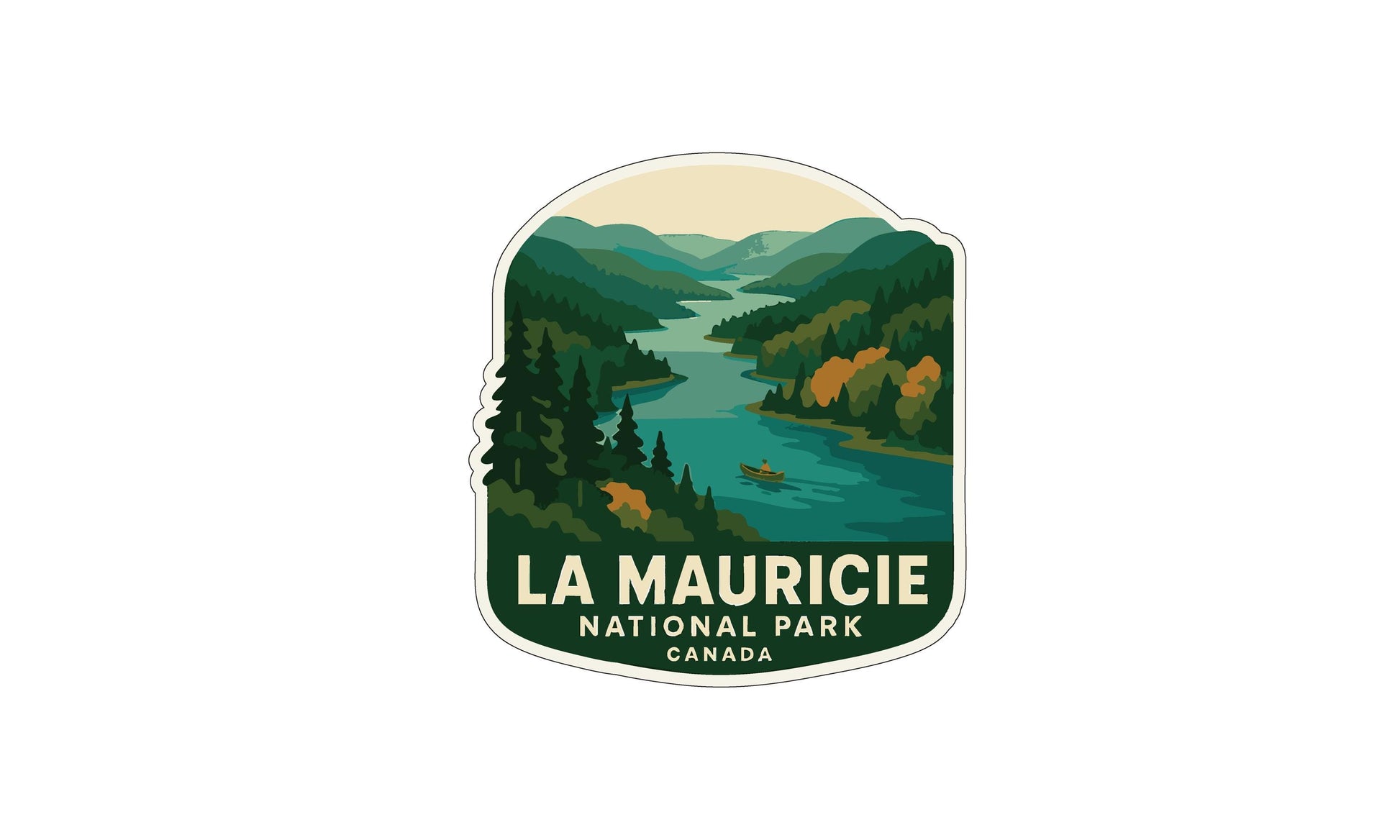 A logo for the La Mauricie National Park in Canada, featuring a scenic landscape with a river, mountains, and trees.