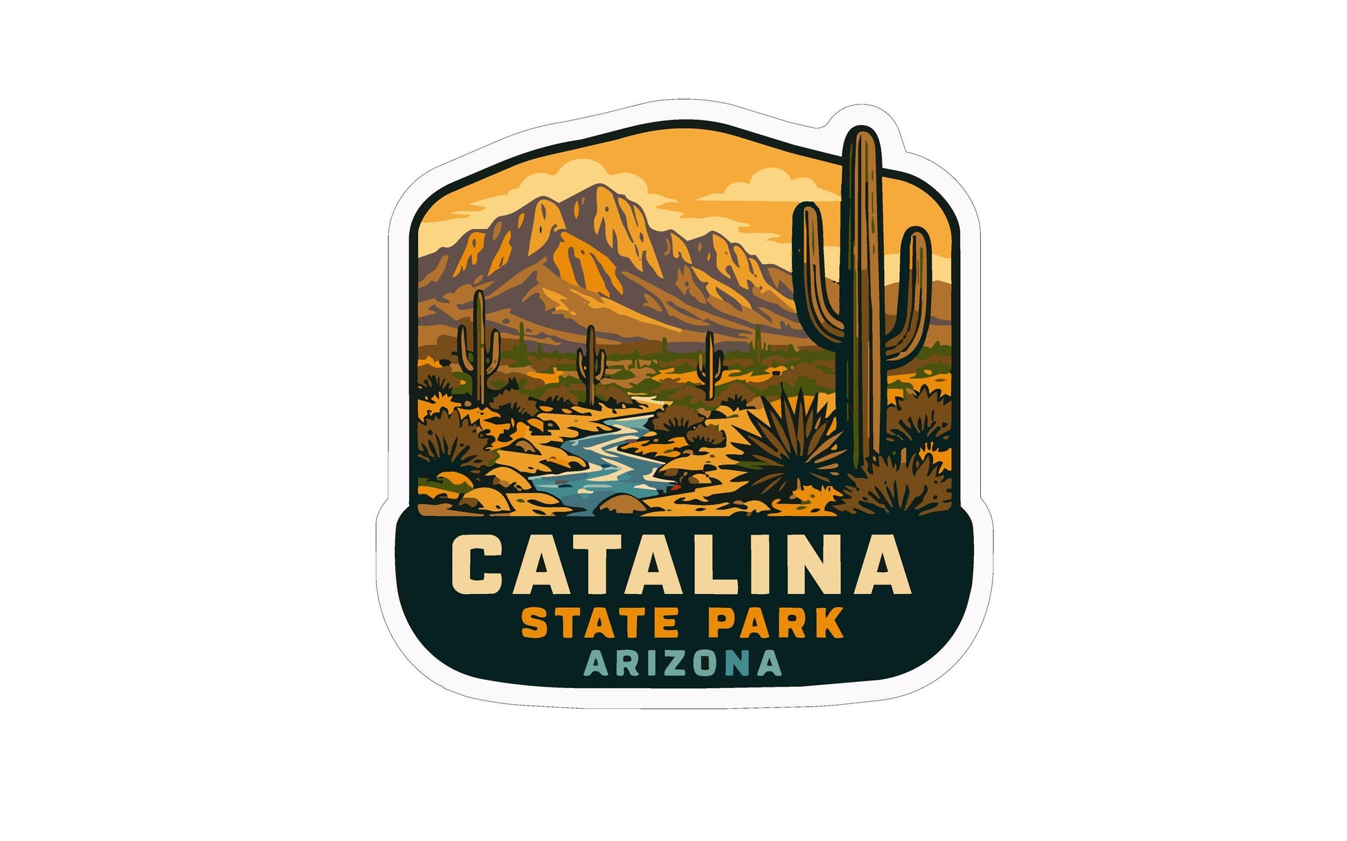 A sticker depicting a desert landscape with mountains, cacti, and a river, with the text "CATALINA STATE PARK ARIZONA" prominently displayed.