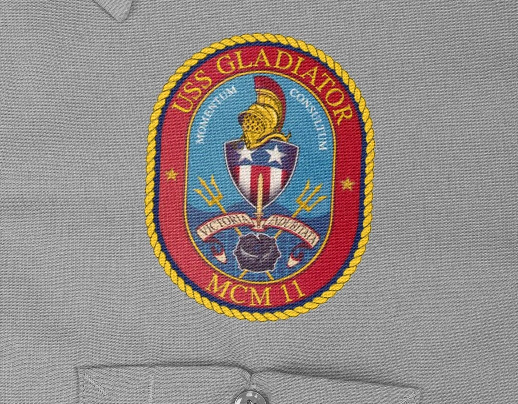 USS Gladiator MCM-11 Badge Iron On Heat Transfer Vinyl HTV Avenger Class Mine countermeasures ship