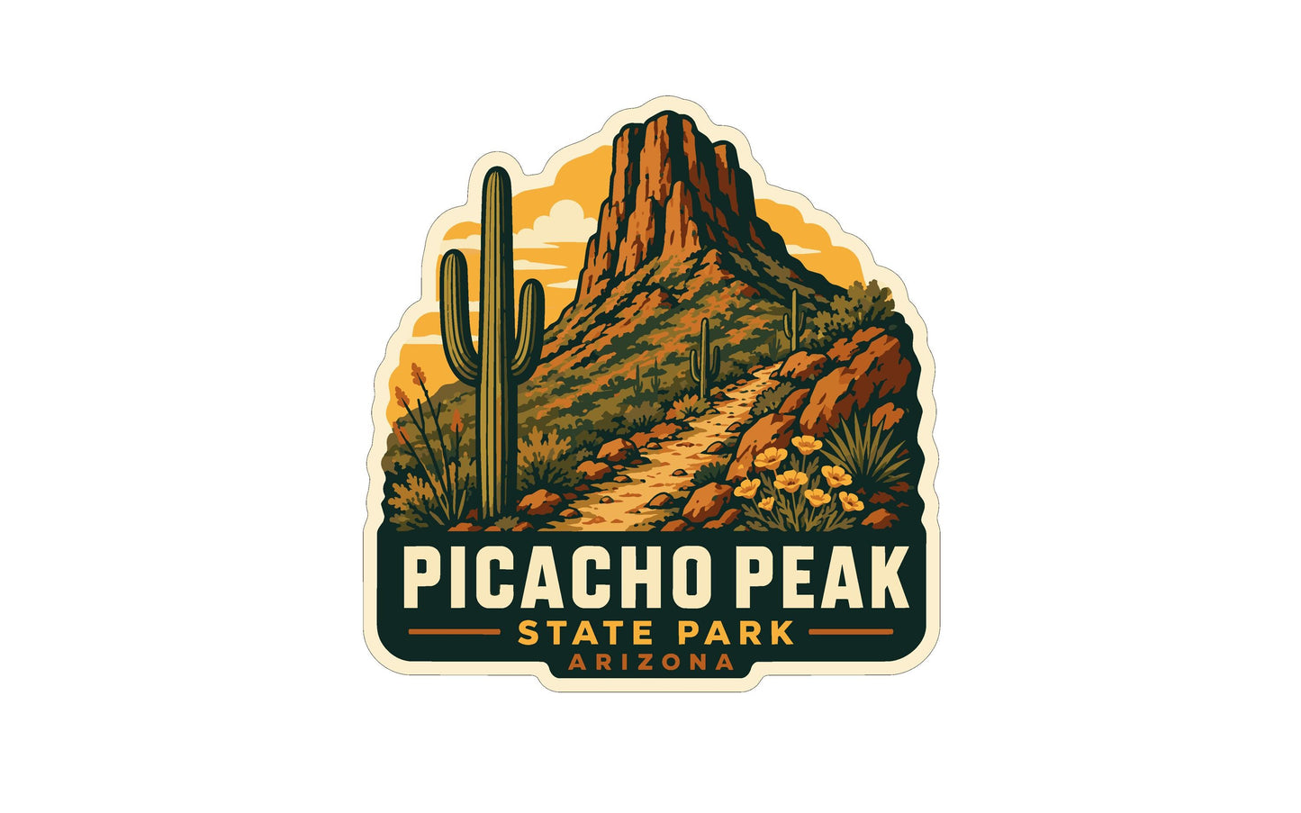 A sticker or emblem featuring a desert landscape with a cactus, mountains, and a path leading to the peak of Picacho Peak State Park in Arizona.