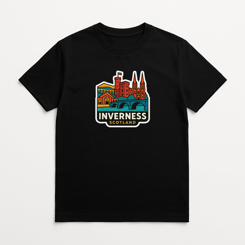 A black t-shirt with a colorful graphic design depicting a city skyline and the text "Inverness, Scotland" printed on it.