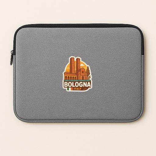 A gray laptop sleeve with a sticker depicting the Bologna, Italy landmark.