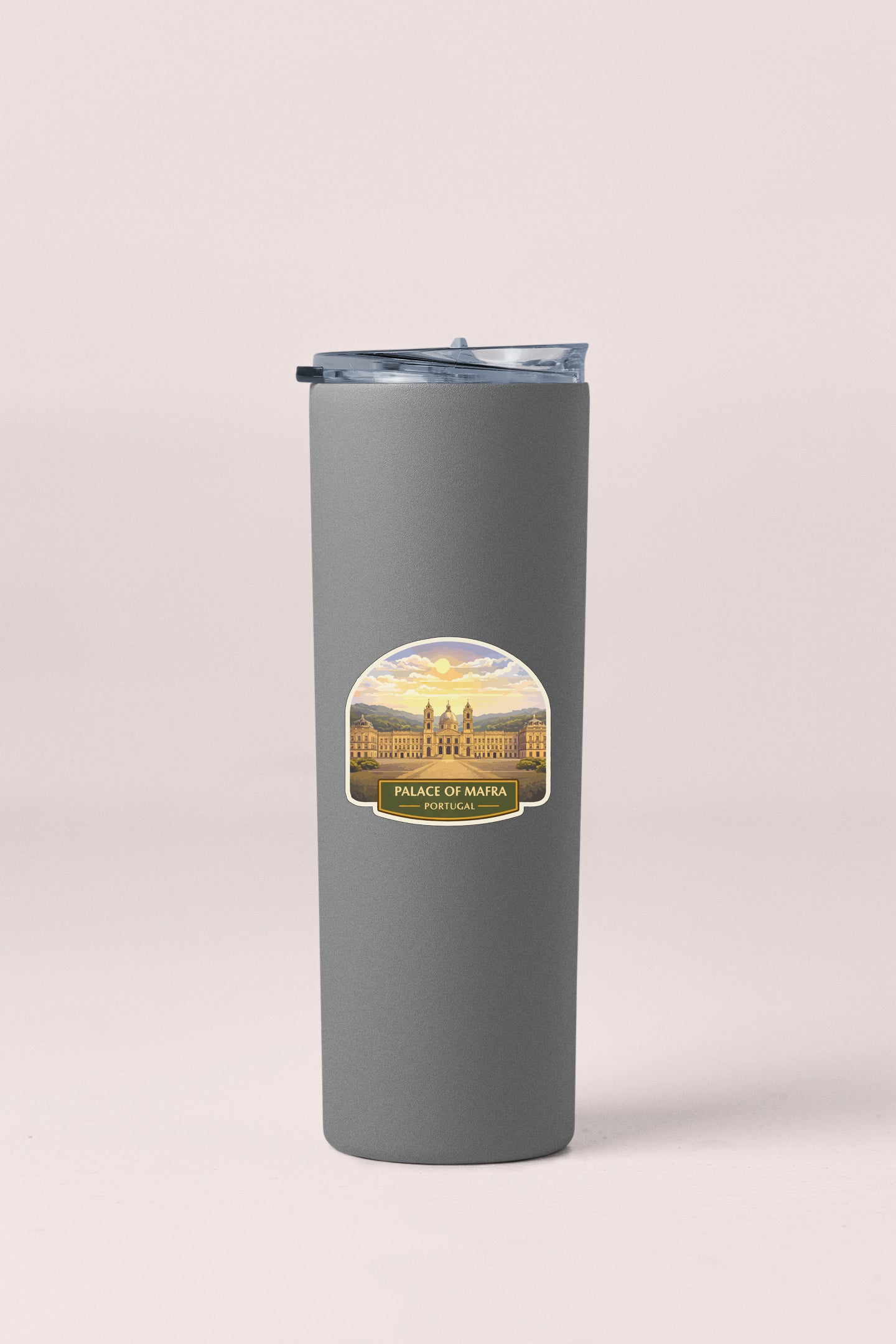 A gray insulated tumbler with a label that says "Palace of Matra" and "Porto, Portugal".