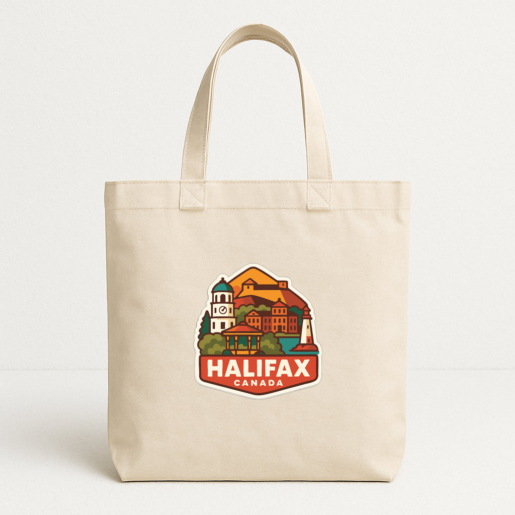 A beige tote bag with a printed design of a cityscape and the text "HALIFAX CANADA" on it.