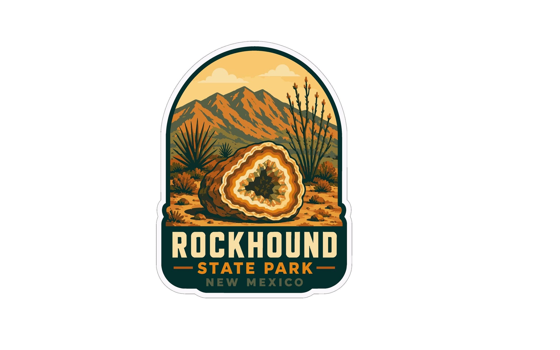 Rockhound State Park logo featuring a large rock formation, mountains, and desert vegetation.