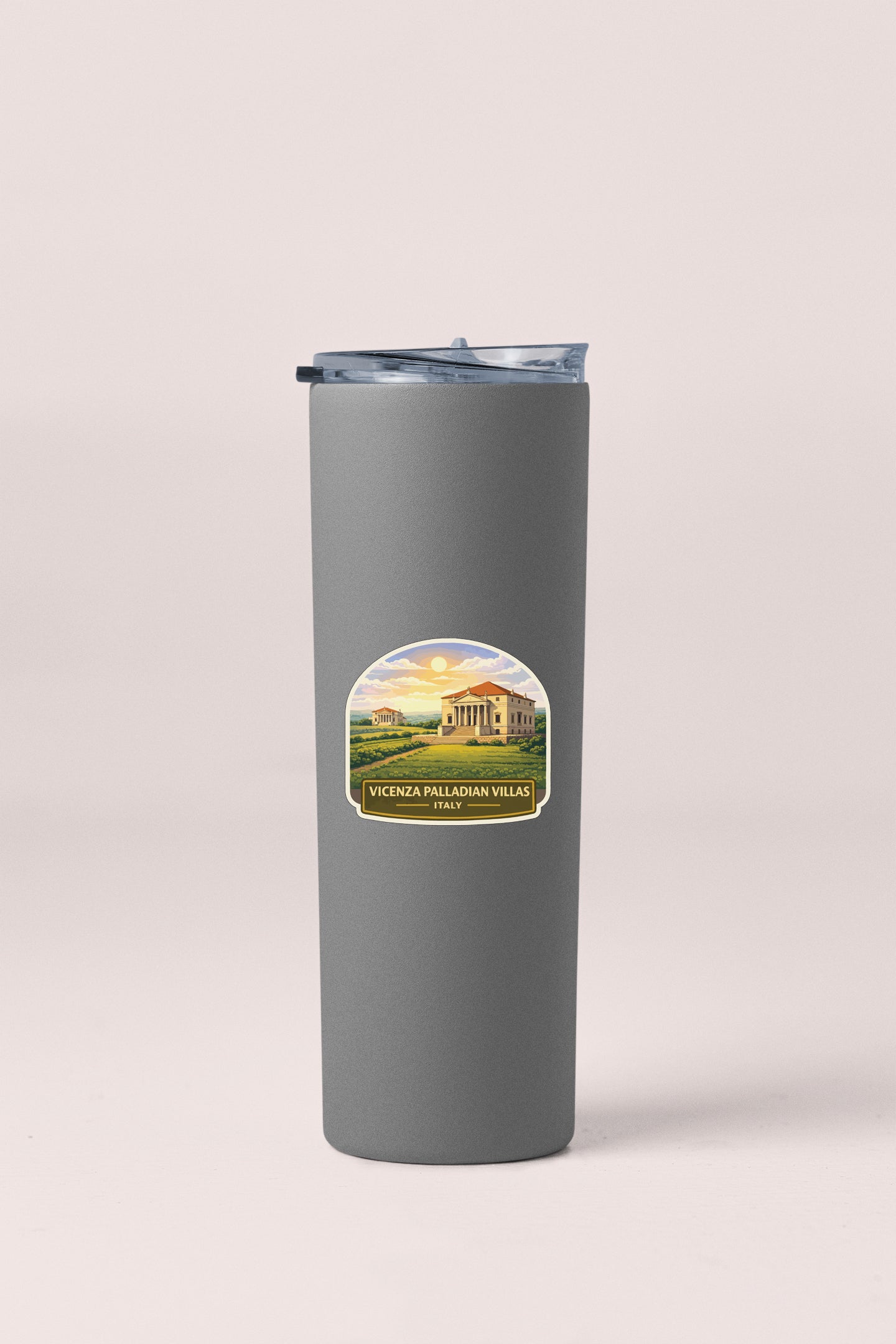 A gray insulated tumbler with a label that says "VICENZA PALADIAN VILLA ITALY".