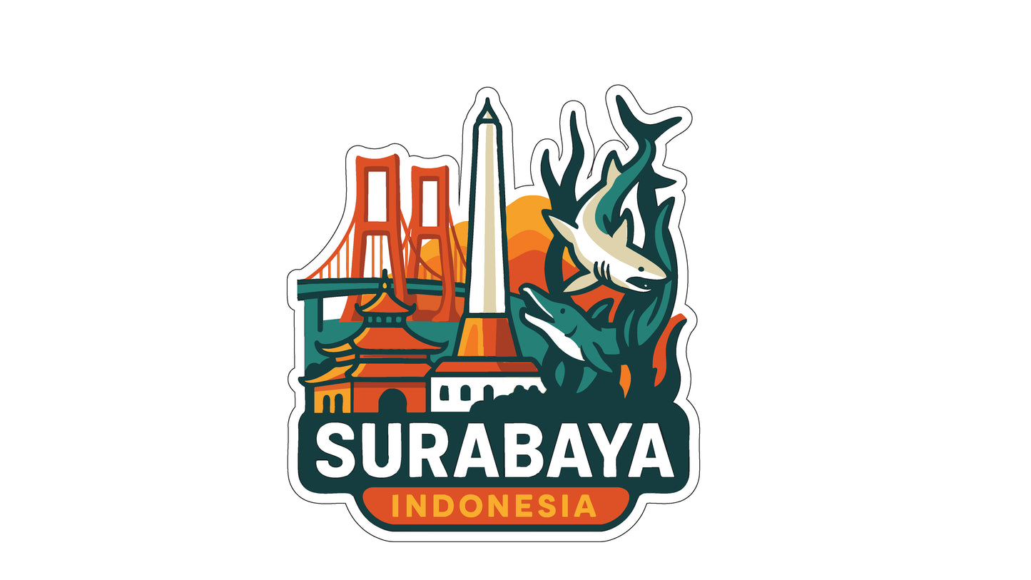 a sticker or logo with various landmarks and elements associated with Surabaya, Indonesia.