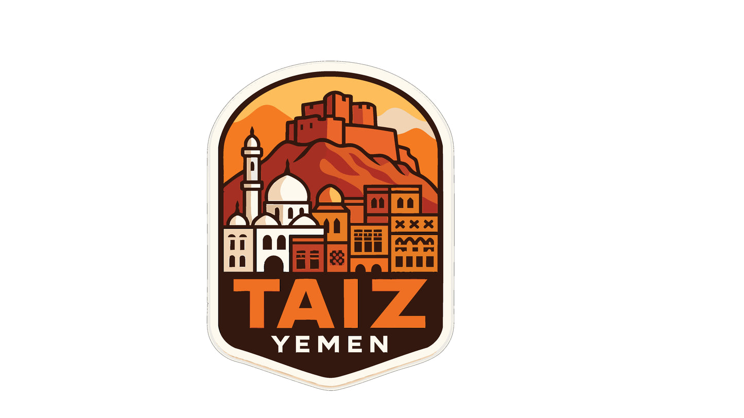 a stylized illustration of a cityscape with a mountain in the background, along with the text "TAIZ YEMEN" prominently displayed.