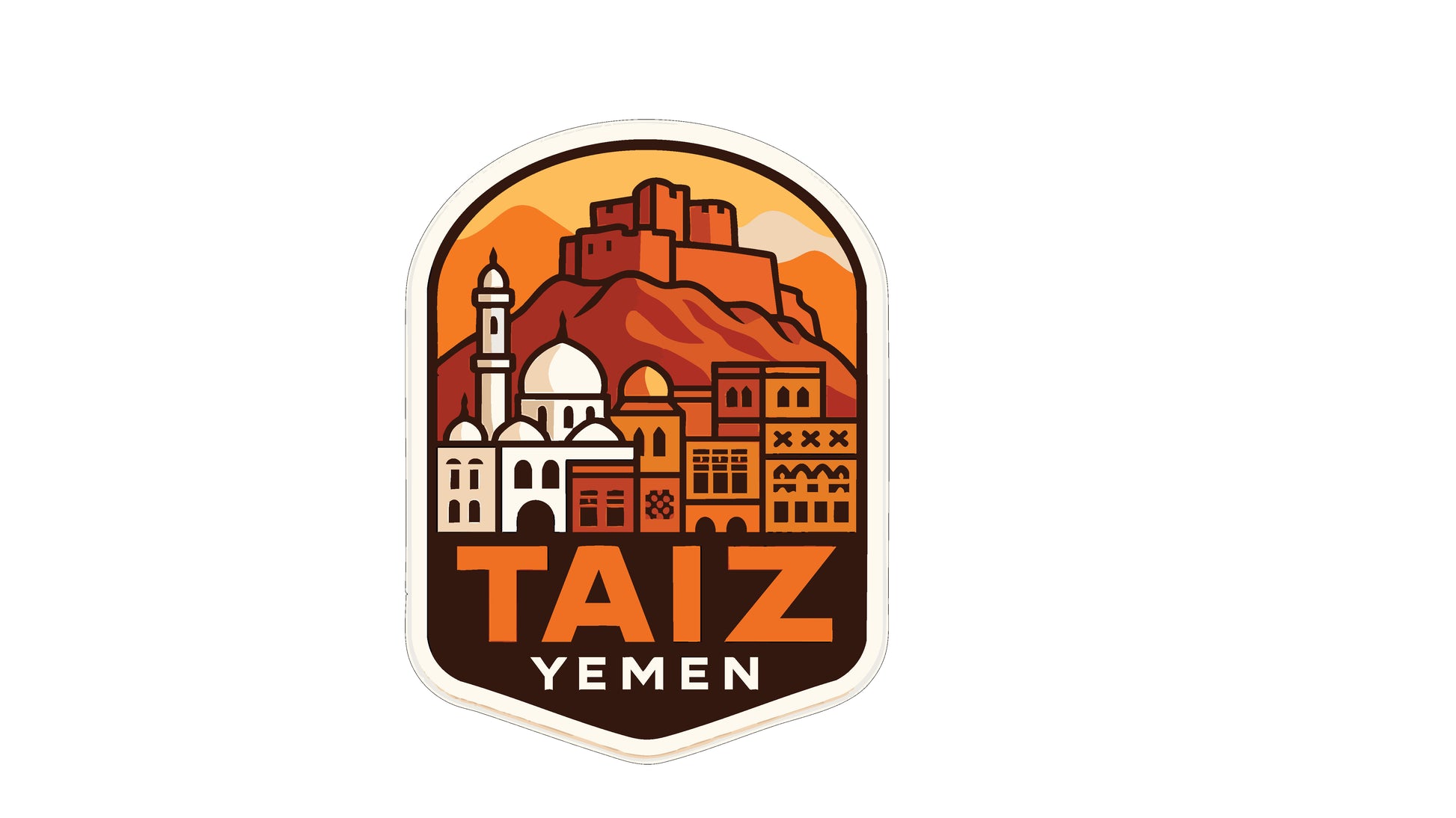 a stylized illustration of a cityscape with a mountain in the background, along with the text "TAIZ YEMEN" prominently displayed.