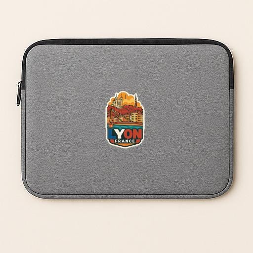 A gray laptop sleeve with a sticker of Lyon, France, printed on it.