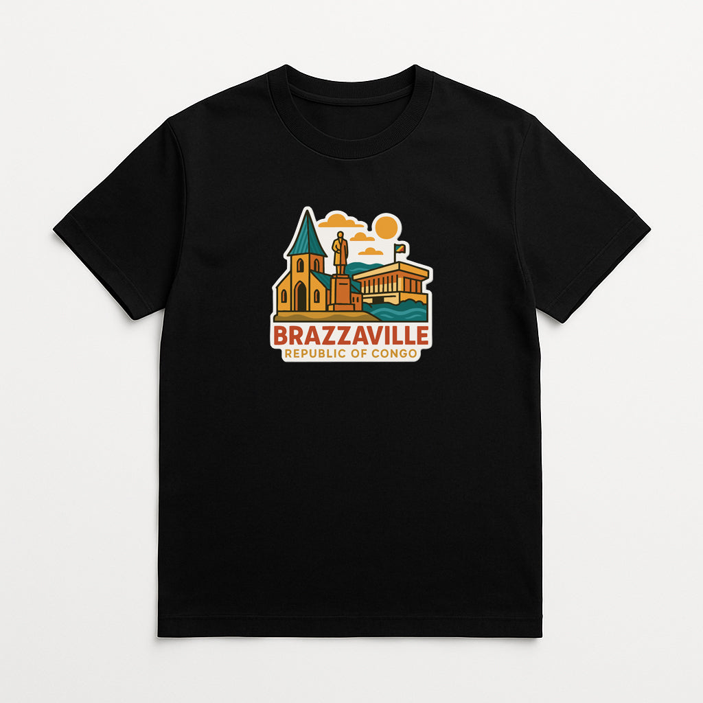 A black t-shirt with a graphic design depicting a city skyline and the text "BRAZZAVILLE REPUBLIC OF CONGO".