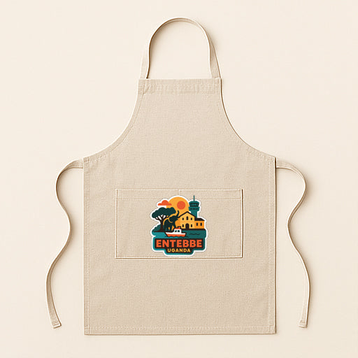 A beige apricot with a colorful graphic design on the front pocket, featuring a cityscape and the text "ENTEBE" in the center.