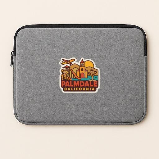 A gray laptop sleeve with a colorful graphic of a landmark and the text "Palmdale, California" printed on it.