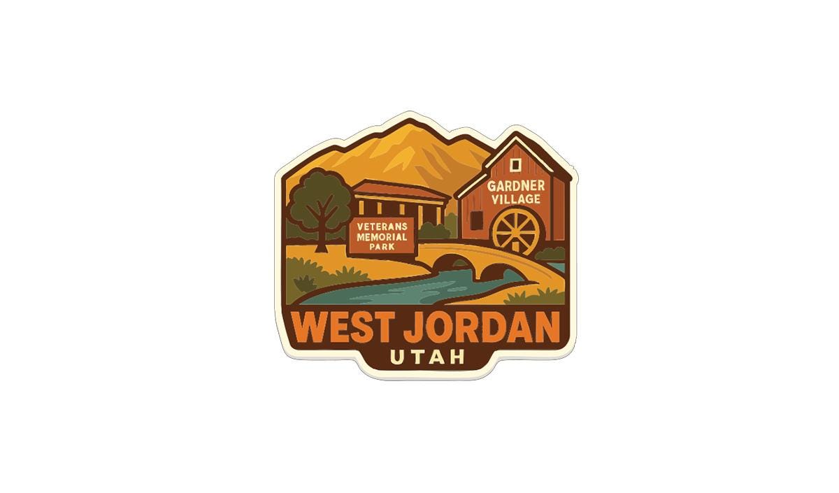 A vintage-style logo depicting a scenic landscape with a river, mountains, and a building, likely representing West Jordan, Utah.