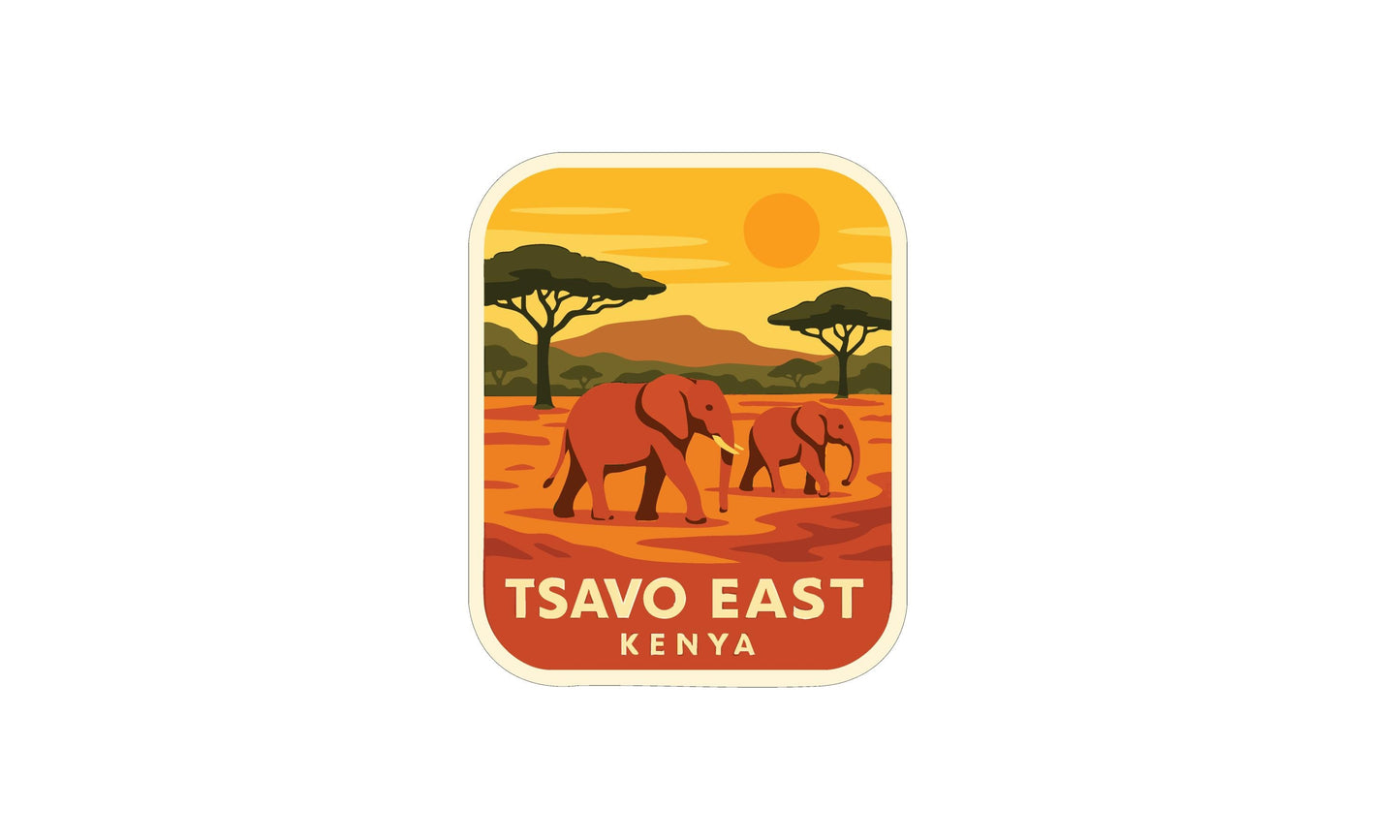 two elephants walking in a savanna landscape with a yellow sky and a sun in the background.
