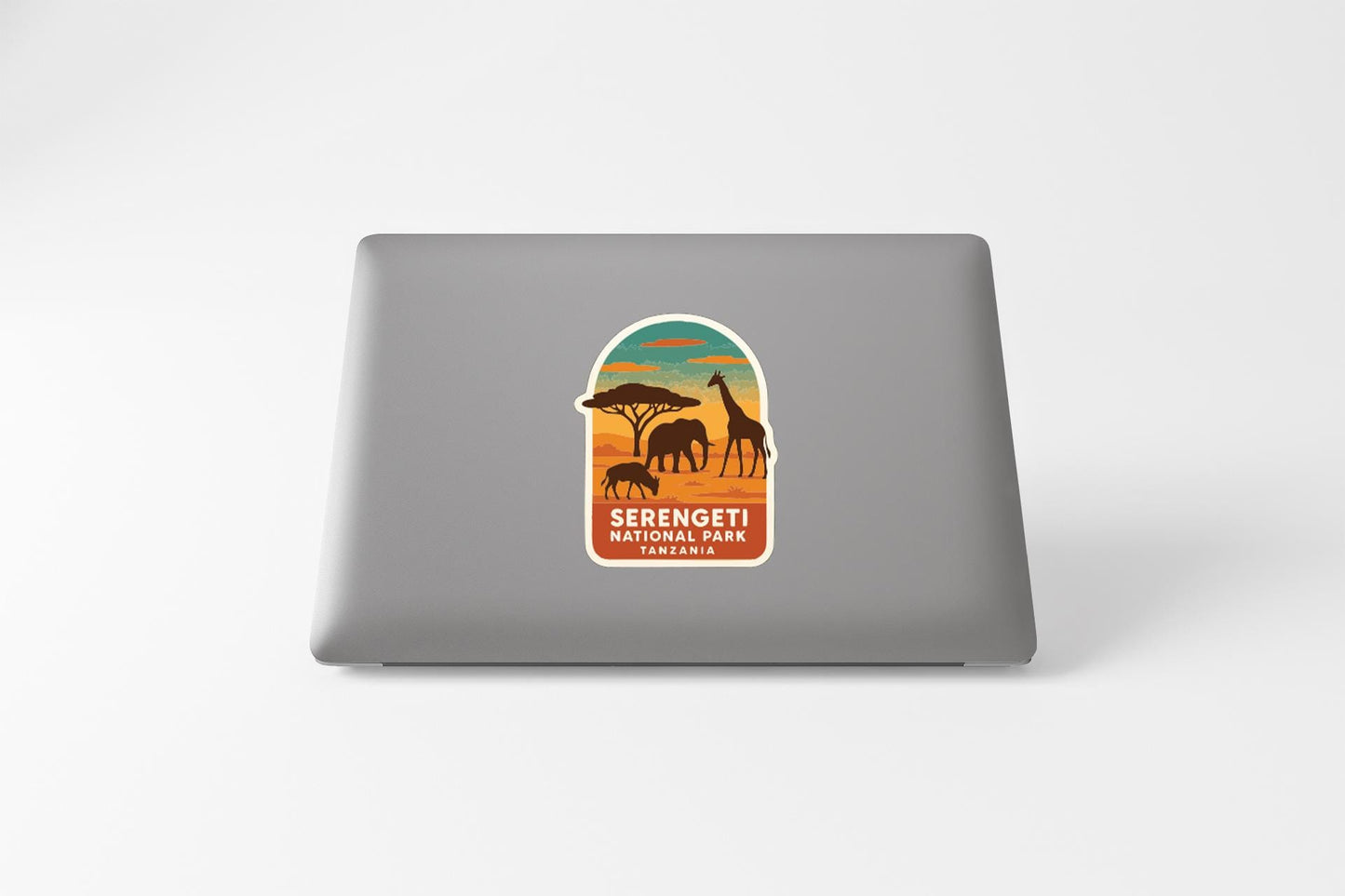 a sticker or decal of Serengeti National Park on a laptop computer.