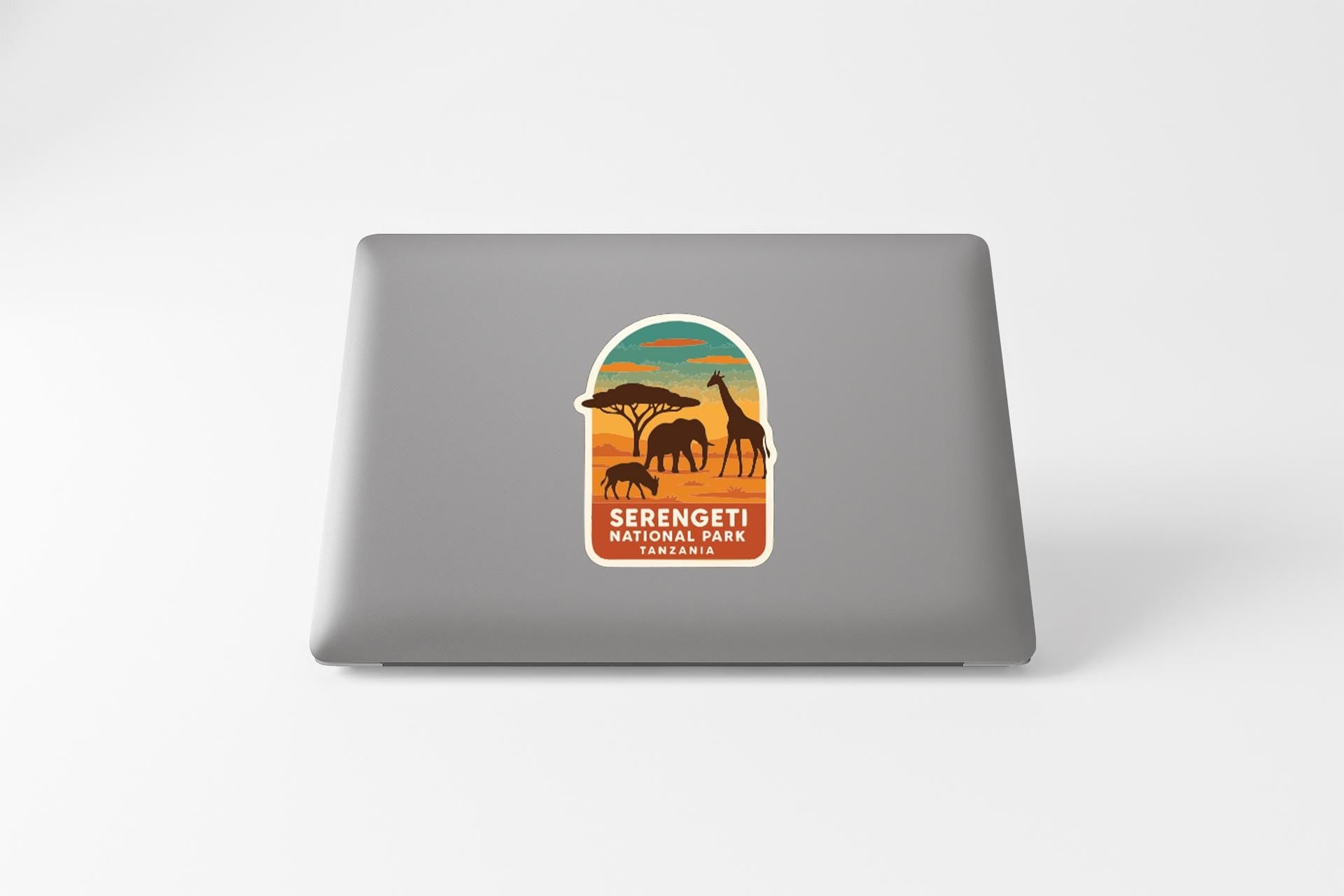 a sticker or decal of Serengeti National Park on a laptop computer.