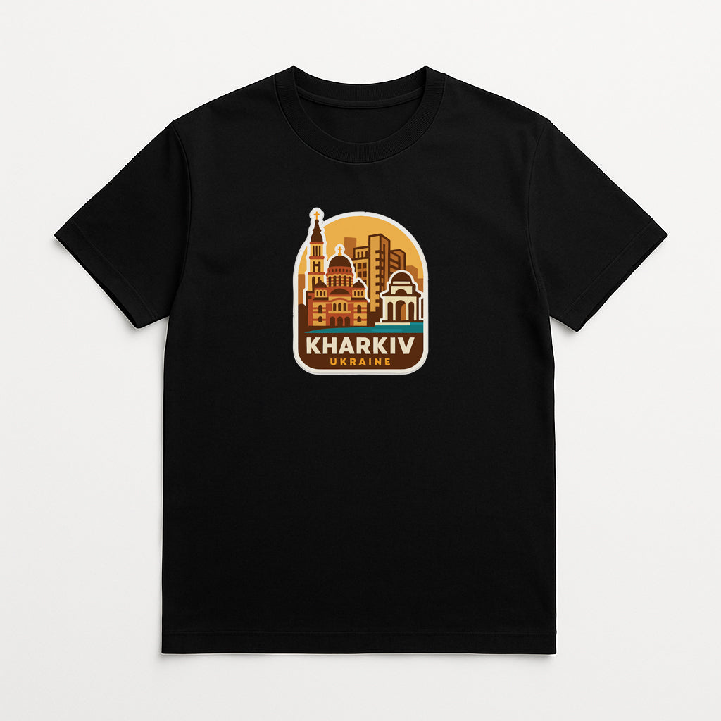 A black t-shirt with a graphic design depicting the skyline of Kharkiv, Ukraine.