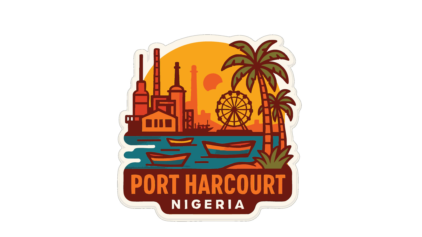 a sticker or logo depicting a cityscape with palm trees, a ferris wheel, and boats, along with the text "PORT HARCOURT NIGERIA".