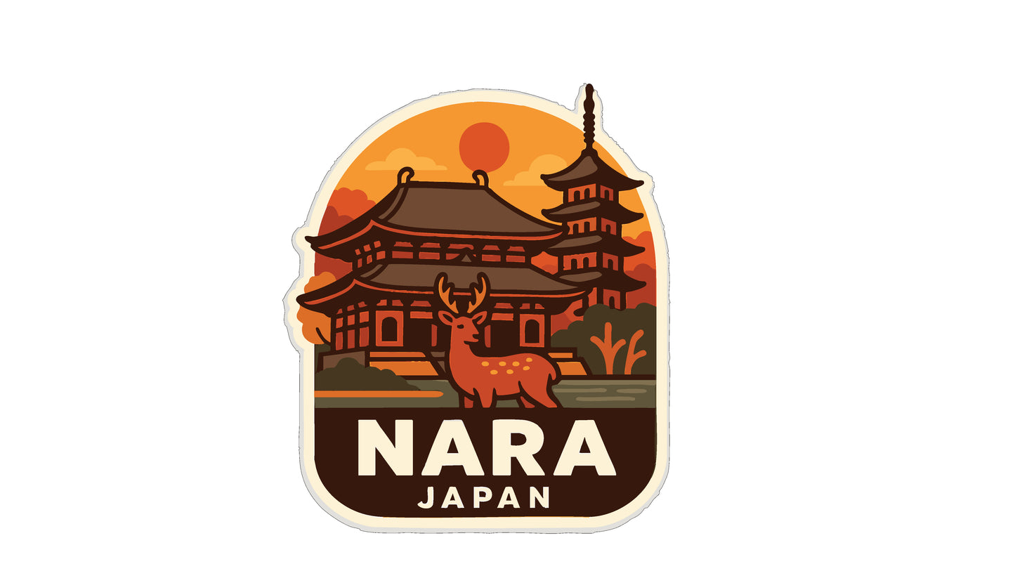 A sticker depicting a temple with a deer in the foreground, set against an orange and yellow sunset background.