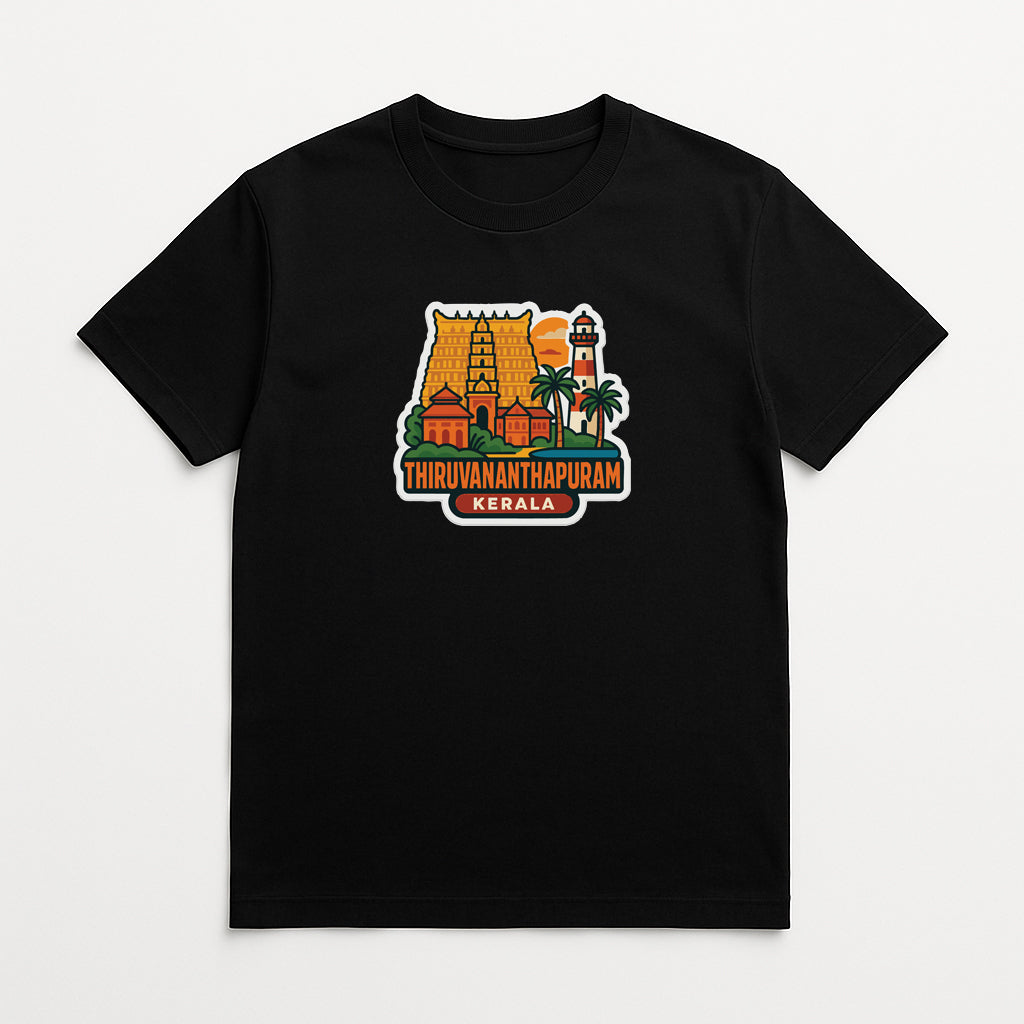 A black t-shirt with a graphic design depicting various landmarks and structures associated with the state of Kerala, India.
