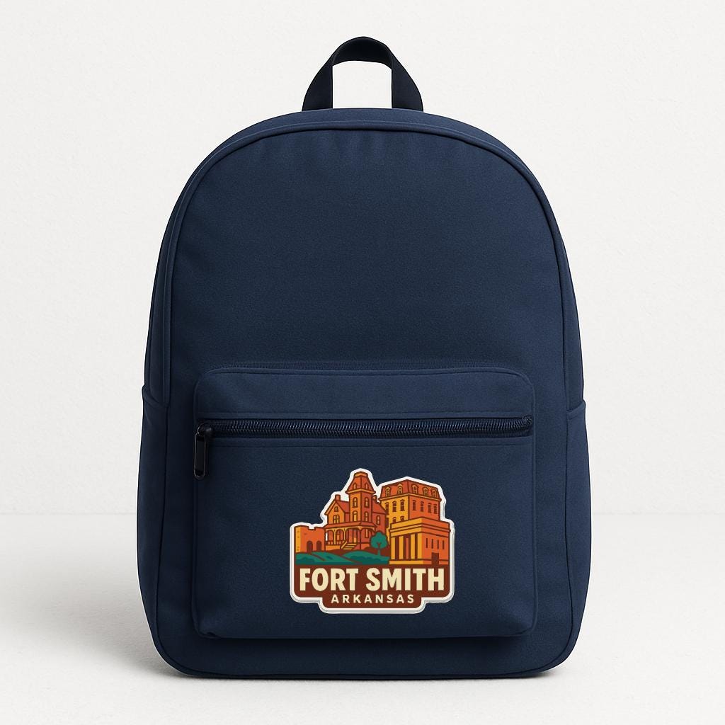 A navy blue backpack with a printed logo that says "Fort Smith Arkansas".