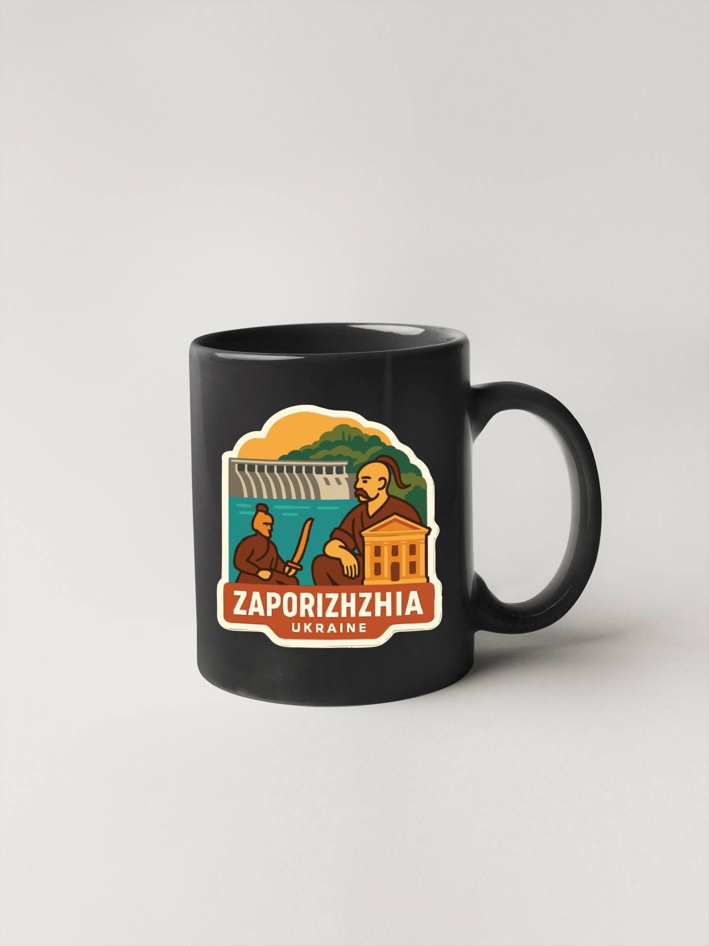 A black coffee mug with a graphic design depicting a man holding a sword and standing in front of a building, with the text "ZAPORIZHIA Ukraine" below the image.