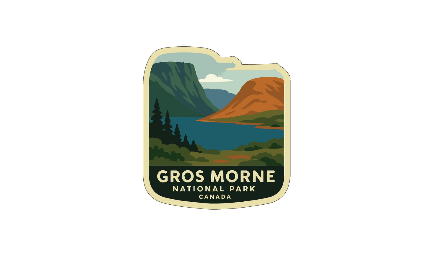A logo for Gros Morne National Park in Canada, featuring a scenic landscape with mountains, a lake, and pine trees.