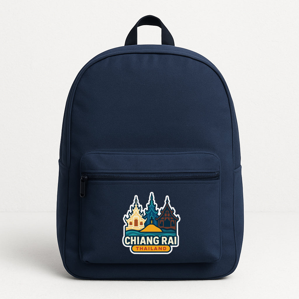 A navy blue backpack with a logo that says "CHIANG RAI THAILAND".