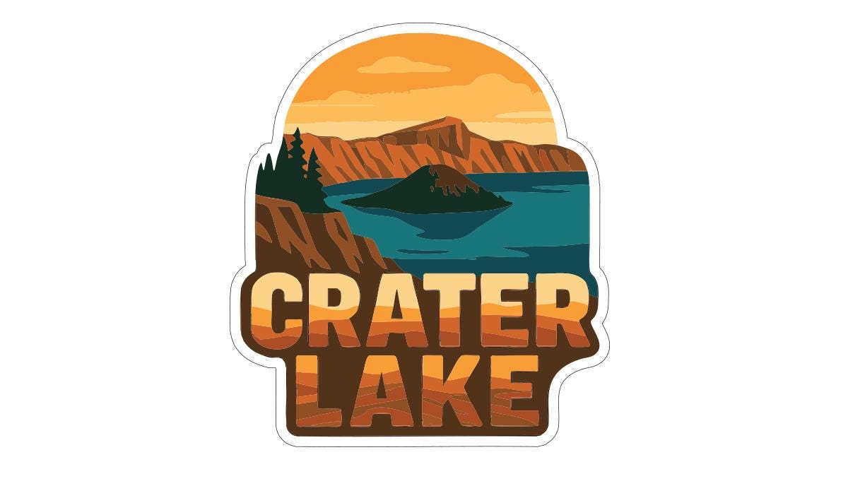 A sticker or logo depicting a scenic landscape with mountains, a lake, and a sunset. The text "CRATER LAKE" is prominently displayed in the center of the image.